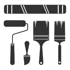Dark grey silhouette of paint roller and brushes on white background tool equipment