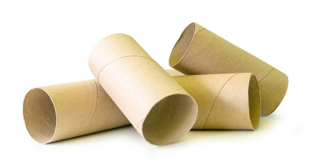 Side view of tissue paper cores or toilet paper tubes in stack isolated on white background with clipping path.