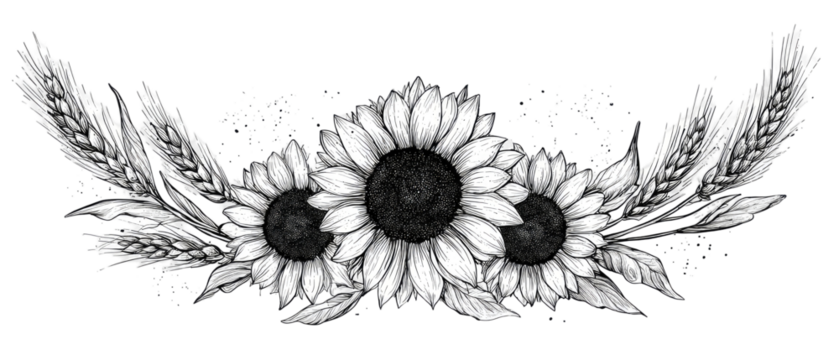 Black and white floral design with sunflowers and wheat