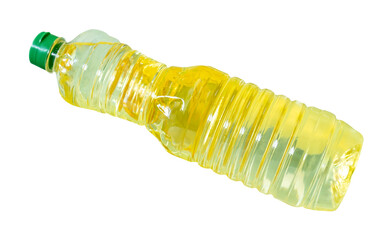 Refined vegetable oil or soybean oil in transparent plastic bottle isolated with clipping path in...