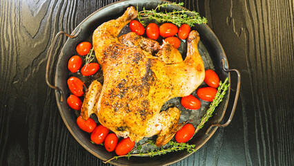 Golden brown whole roast chicken with fresh thyme and cherry tomatoes on a rustic wooden board. Top view, beautifully presented for food blogs and advertising.