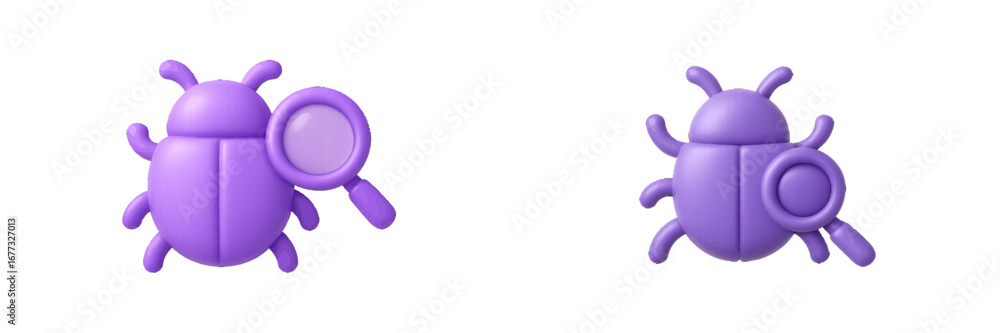 Aufkleber purple beetle with magnifying glass for search and bug fixing. modern 3d icon set