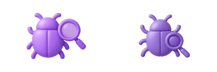 Fototapeta premium Purple beetle with magnifying glass for search and bug fixing. Modern 3D Icon Set
