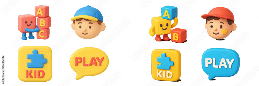 Poster cheerful 3d characters with alphabet blocks and puzzle pieces. modern 3d icon set