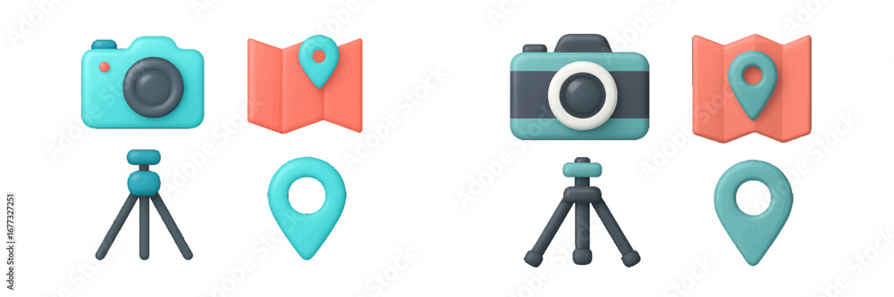 Poster camera and map pin icons with tripod. modern 3d icon set