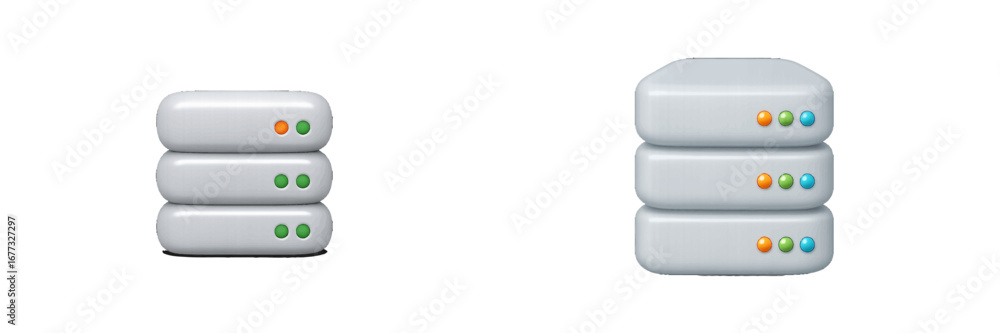 Poster server units with colorful indicator lights on dark background. modern 3d icon set