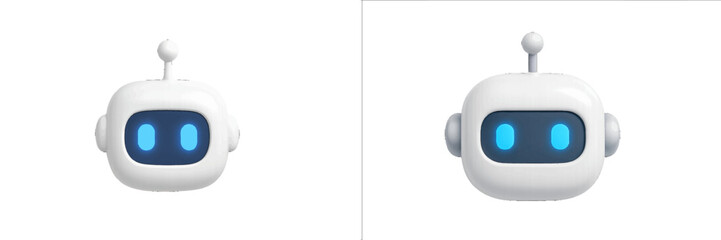 White robot head with glowing blue eyes and antenna, isolated on black. Modern 3D Icon Set