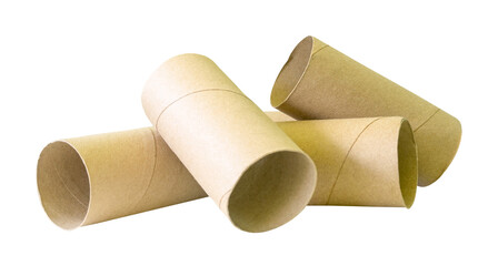 Side view of tissue paper cores or toilet paper tubes in stack isolated with clipping path in png file format