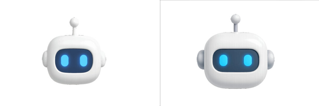 White robot head with glowing blue eyes and antenna, isolated on black. Modern 3D Icon Set