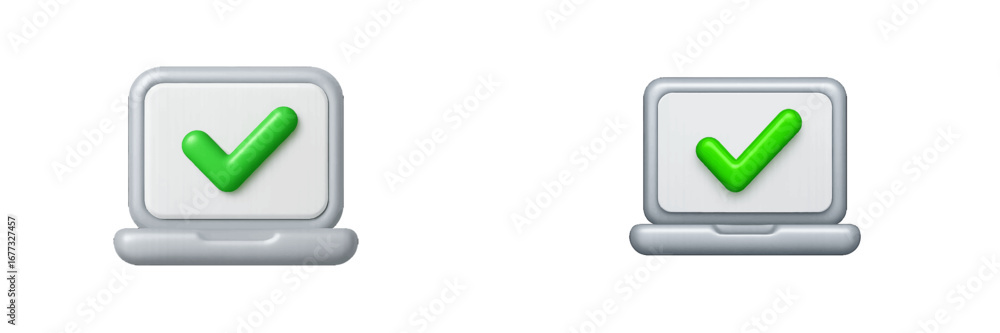 Poster laptop computer with green checkmark on screen, digital approval and success. modern 3d icon set