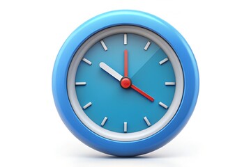 Blue analog clock isolated on white background, showing time with red and white hands