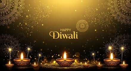 Elegant Diwali Festive Background: Gold Diyas, Fireworks, and Mandala Designs for Cards and Invitations.