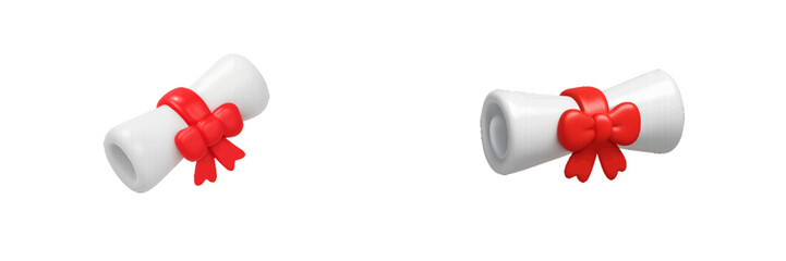 Diploma scroll with red ribbon and bow, isolated on black background. Modern 3D Icon Set