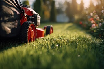 Red lawn mower cutting fresh green grass in garden under warm sunlight