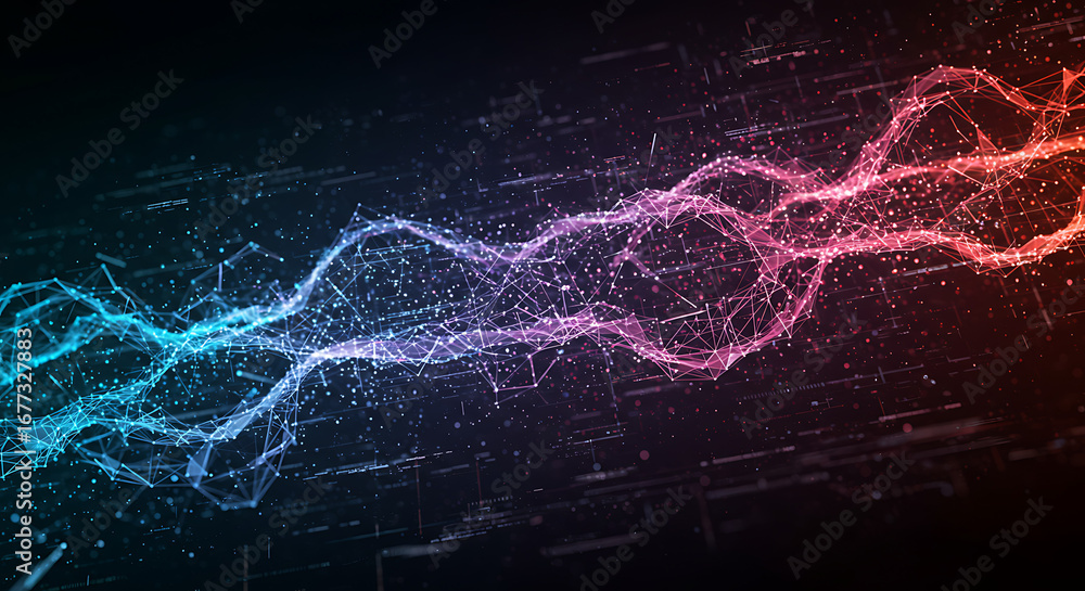 Poster digital stream: a vibrant display of digital particles gracefully merging into a radiant flow, creat