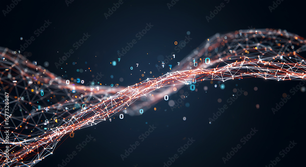 Poster digital wave visualization: a dynamic visualization of interconnected data flows, symbolizing the in