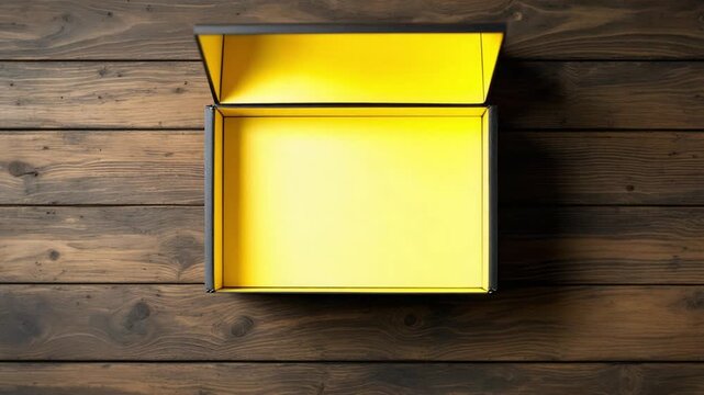 Sleek Black Box Unboxing on Rustic Wooden Surface - A Minimalist Presentation of a Product Reveal.