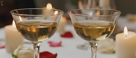 Two glasses of white wine on a romantic table setting with candles and rose petals.