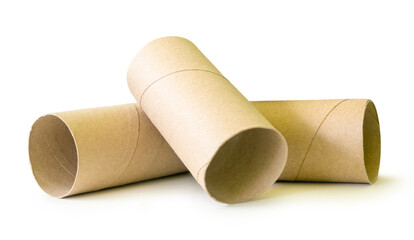 Side view of tissue paper cores or toilet paper tubes in stack isolated on white background with clipping path.