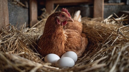 Brown Hen Nesting with Eggs in Straw Nest