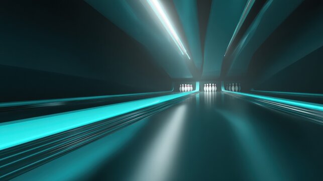Futuristic corridor with luminous lanes and tall fins creates sense of speed and motion. sleek design and glowing elements evoke high tech atmosphere, inviting exploration and adventure