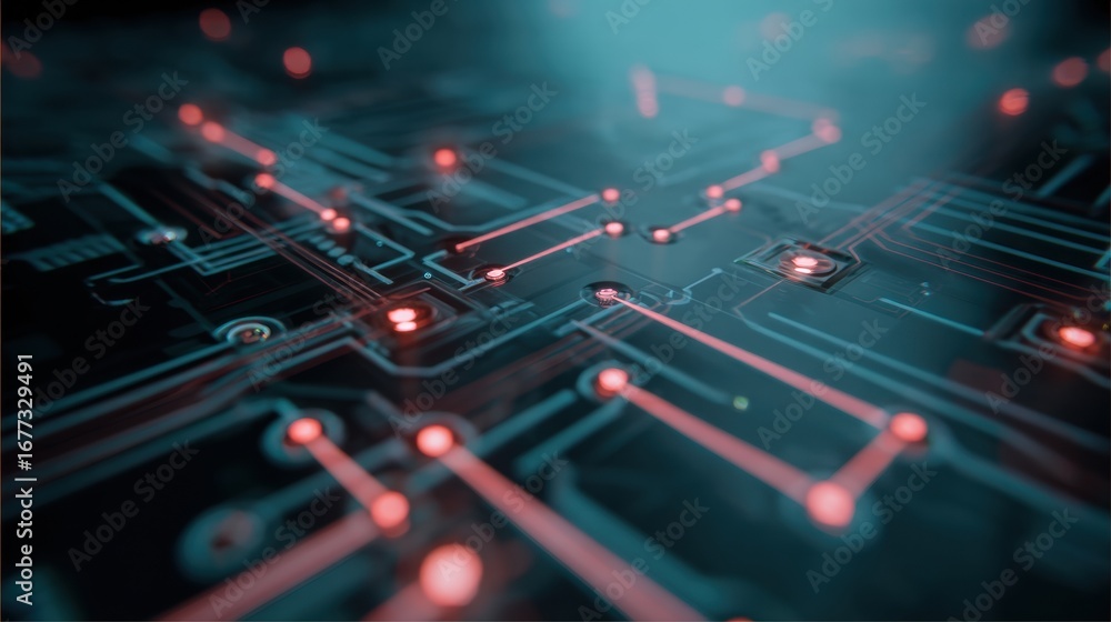 Poster close up view of circuit board featuring intricate neon paths and glowing connections, creating futu