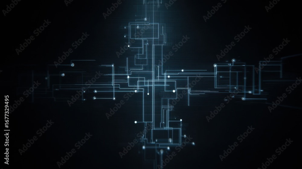 Aufkleber digital circuit design features intricate lines and nodes, creating futuristic impression. neon path
