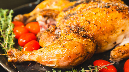 Golden brown whole roast chicken with fresh thyme and cherry tomatoes on a rustic wooden board. Top view, beautifully presented for food blogs and advertising.