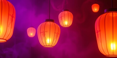 Obraz premium Abstract floating lantern orbs in smokes of violet and orange, Abstract Backgrounds for Halloween Celebration