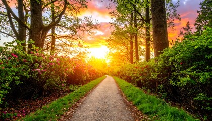 Naklejka premium A sun-drenched path winds through a vibrant garden at sunset, bathed in warm golden light.