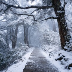 Naklejka premium A snow-covered stone path winds through a misty, snow-laden forest of tall pines and low shrubs, creating a serene, winter wonderland scene