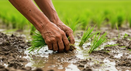 Hands planting rice seedlings in a muddy field with a blurred green background, representing agriculture and farming