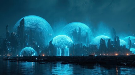 Futuristic City Under Glowing Blue Domes Reflected in Calm Waters, Digital Art.