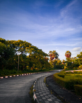 Countryside curved asphalt road, pedestrian footpath surrounded by green trees, plants under clear blue sky. Peaceful empty street bending, tropical greenery lush park with sunlight falling on forest.