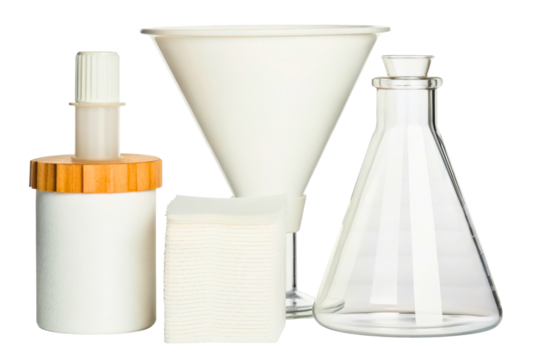 Chemistry laboratory filtration equipment with glass flask and funnel isolated with transparent background