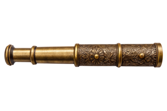 Vintage style brass spyglass with an ornate engraved pattern isolated with transparent background