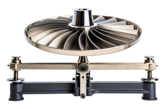Industrial turbine compressor wheel on a precision balance stand isolated with transparent background
