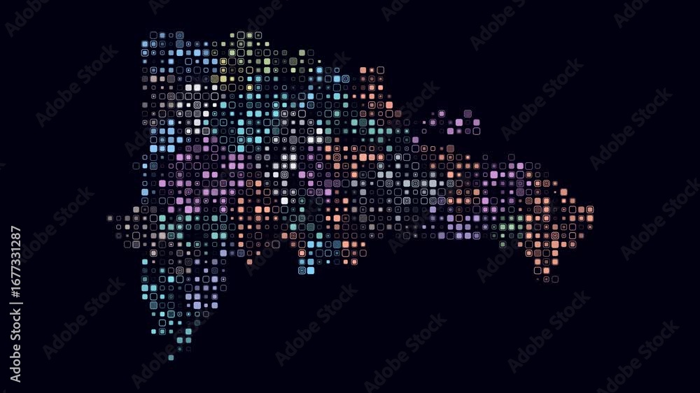 Poster dominican republic map animation. shape of the country with pulsating colored dots. small size round