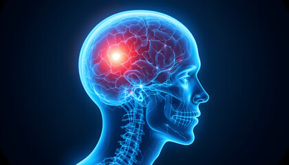 Human brain scan showing pain or neurological problem with bright red highlight
