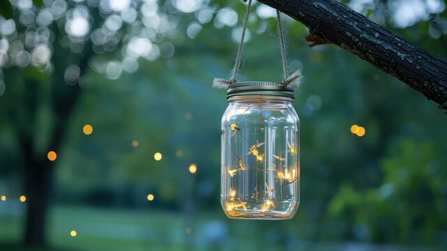 Glass jar filled with fireflies hanging from a tree branch in a garden at dusk lightning bugs
