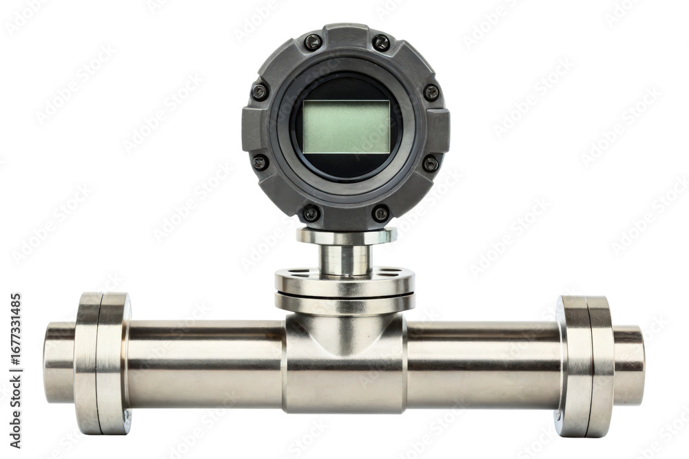 Poster industrial vortex flow meter with digital display on steel pipe isolated with transparent background