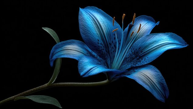 A single vibrant blue lily flower glowing in the dark on a black background.
