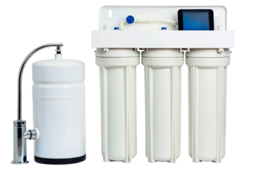 Reverse osmosis drinking water filter system with tank and faucet isolated with transparent background