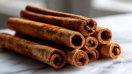 Close-up of stacked cinnamon sticks, showcasing their warm, rich tones and textured surfaces against a light marble backdrop.
