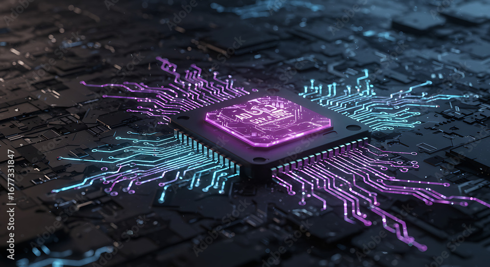 Poster digital nucleus: an eye-level perspective of a cutting-edge microchip, radiating a mesmerizing glow,
