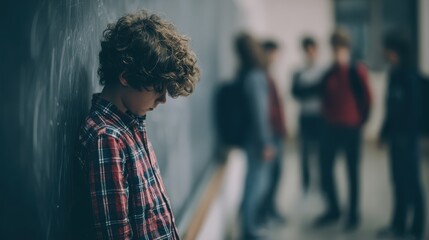 Boy Standing by Wall with Group in Background