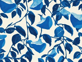 Blue leaves and abstract floral shapes intertwine on a light background, creating a bold, artistic botanical pattern
