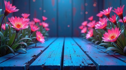 Vibrant pink flowers bloom beside weathered blue wooden planks gerbera daisies green leaves