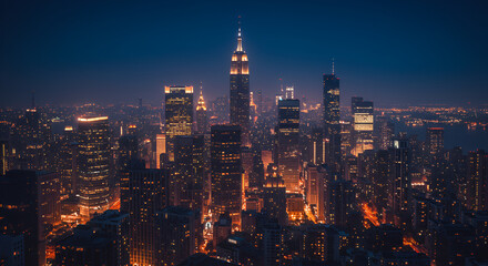 Obraz premium A breathtaking view of the shimmering New York City skyline at twilight with golden lights and deep