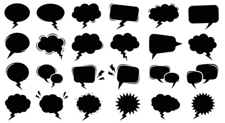 A collection of various black speech bubbles and thought clouds with jagged edges, different shapes and sizes, arranged in rows.